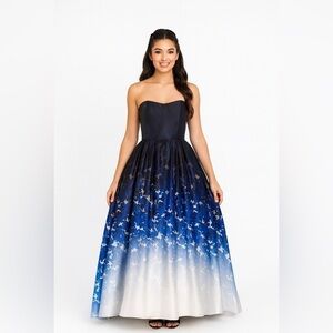 Betsy & Adam blue floral ombré hi low maxi ball gown size 6 formal prom wedding